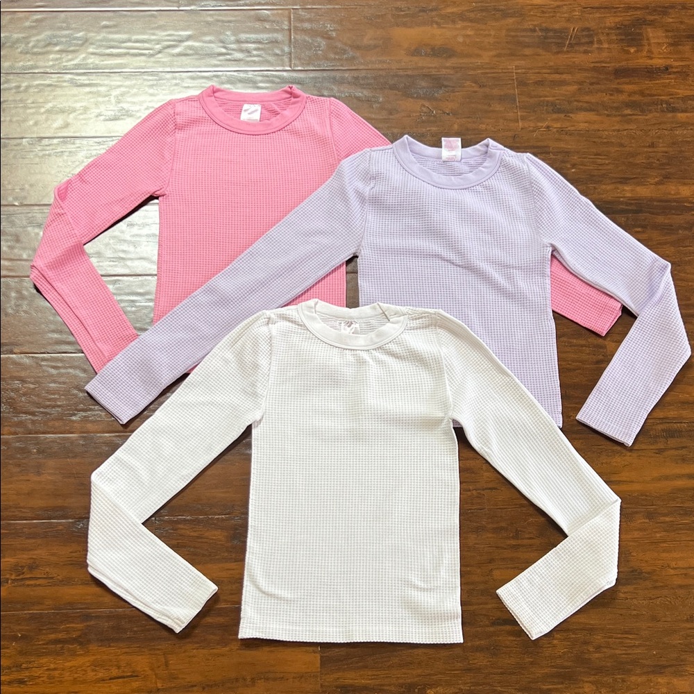 3 No Boundaries Crew Neck Waffle Long Sleeve Tops Size XS Pink White Lavender